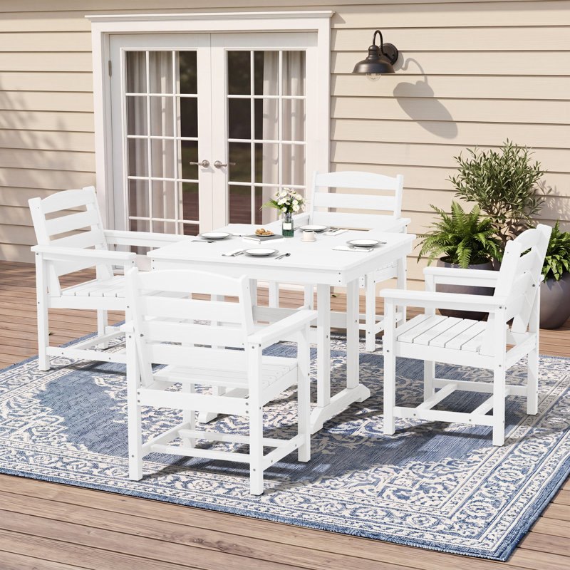 5-Piece Outdoor HDPE Dining Set, Patio Table With 4 Wide Armrest Chairs, All-Weather Garden Dining Furniture In White, White