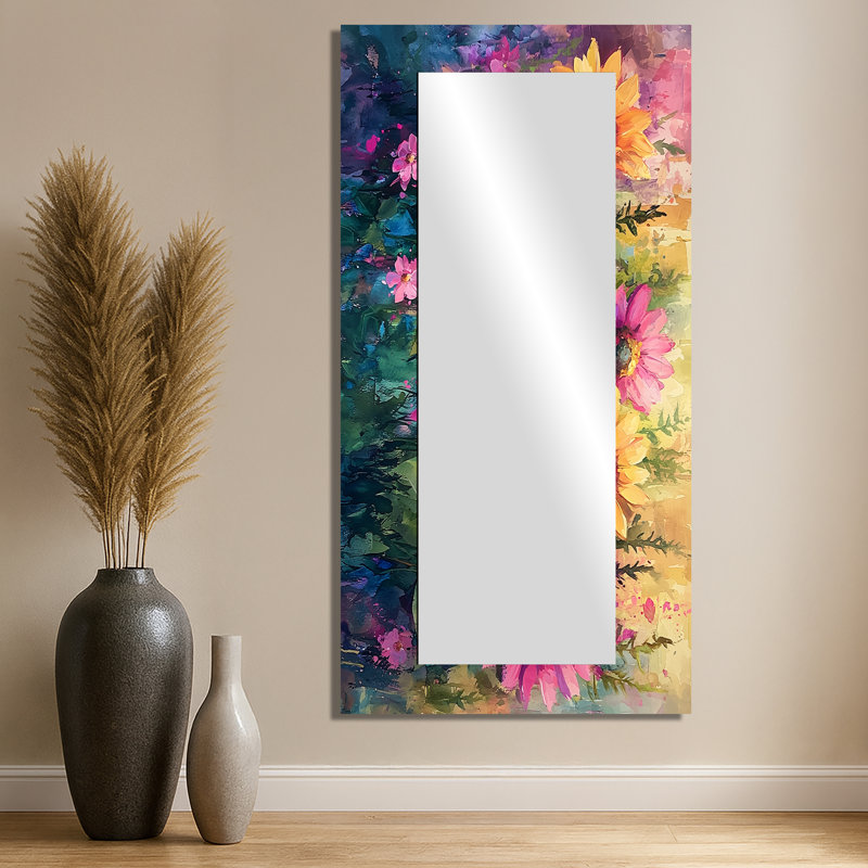 Printemps symphonie de tournesols roses I - art mural miroir floral - imprimé sur métal, 28 po x 55 po