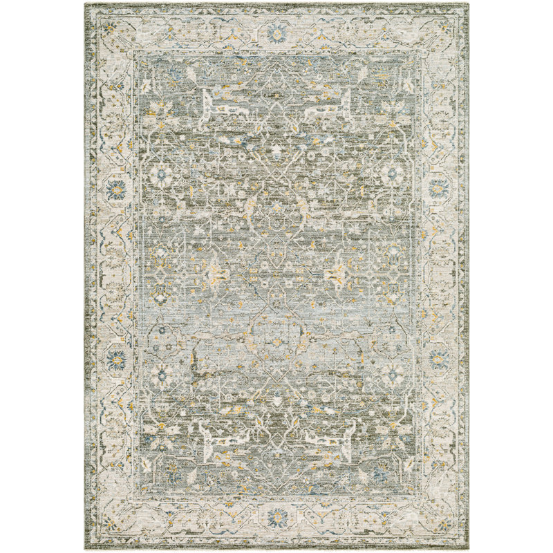 Tapis oriental oriental en polyester tissé à la machine en olive / or / beige / gris, Rectangle 7 pi 10 po x 10 pi 3 po