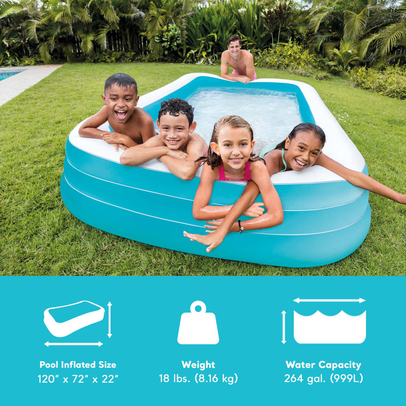 Blue and White Inflatable Rectangular Family Pool for Kids
