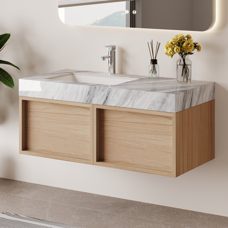 36" Floating Bathroom Vanity with Undermount Sink, Unique Vein Grey Faux Marble Countertop, 2 Handleless Drawers, Complete Drain Assembly Included