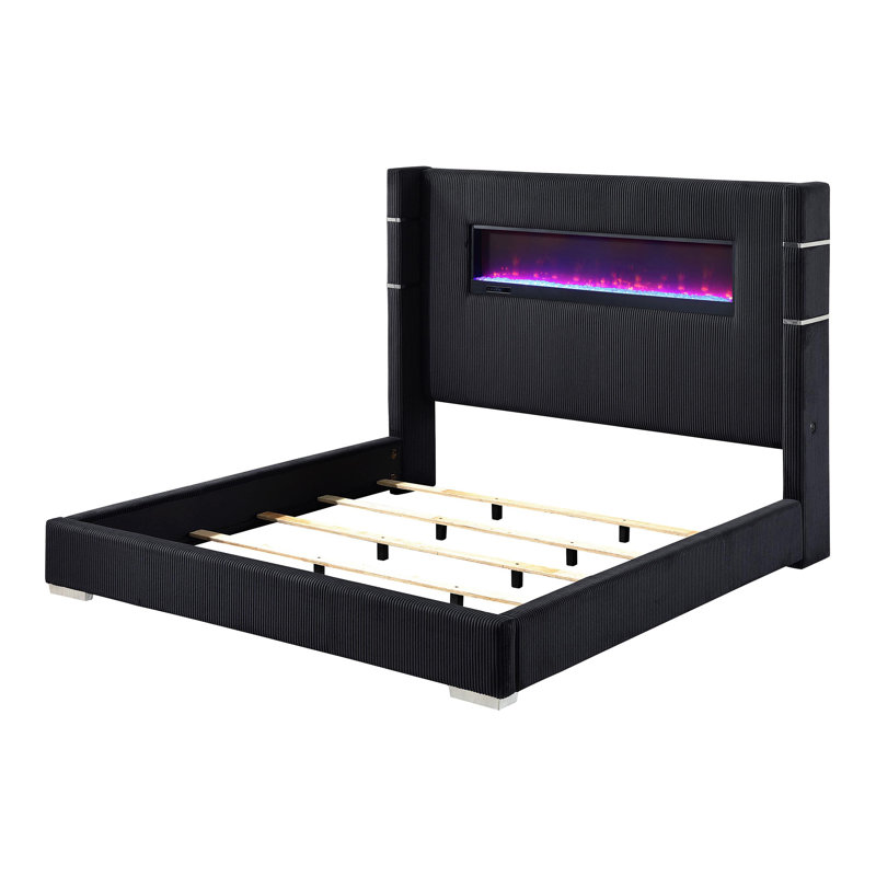 Stoehr Upholstered Queen Flame Visualizer Bed Black , Black, Queen