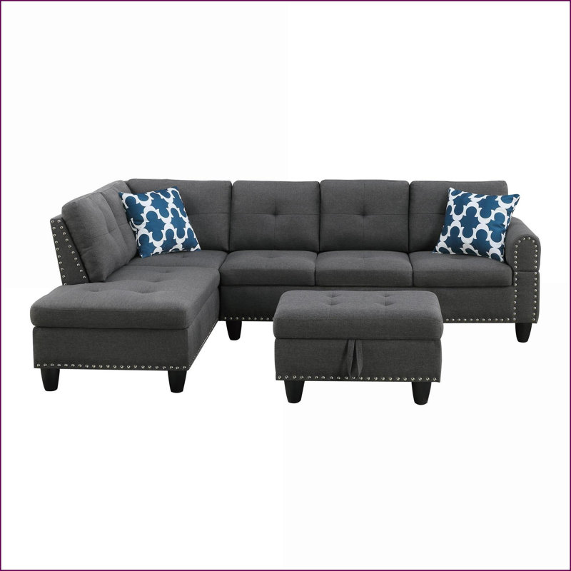 Canapés modulaires de 98 po de large faisant face à la gauche avec repose-pieds | Lin | Gris foncé, Mélange de lin gris foncé