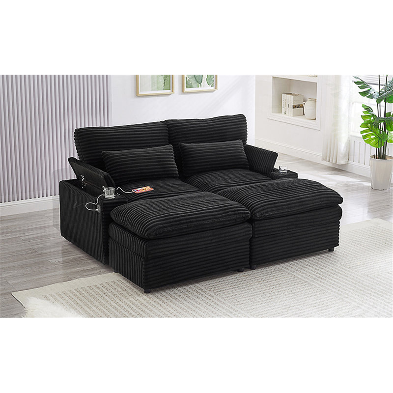 Canapé-lit modulaire à combinaison libre 70,9 po avec causeuse avec espace de rangement, deux repose-pieds mobiles, quatre ports USB et deux porte-gobelets