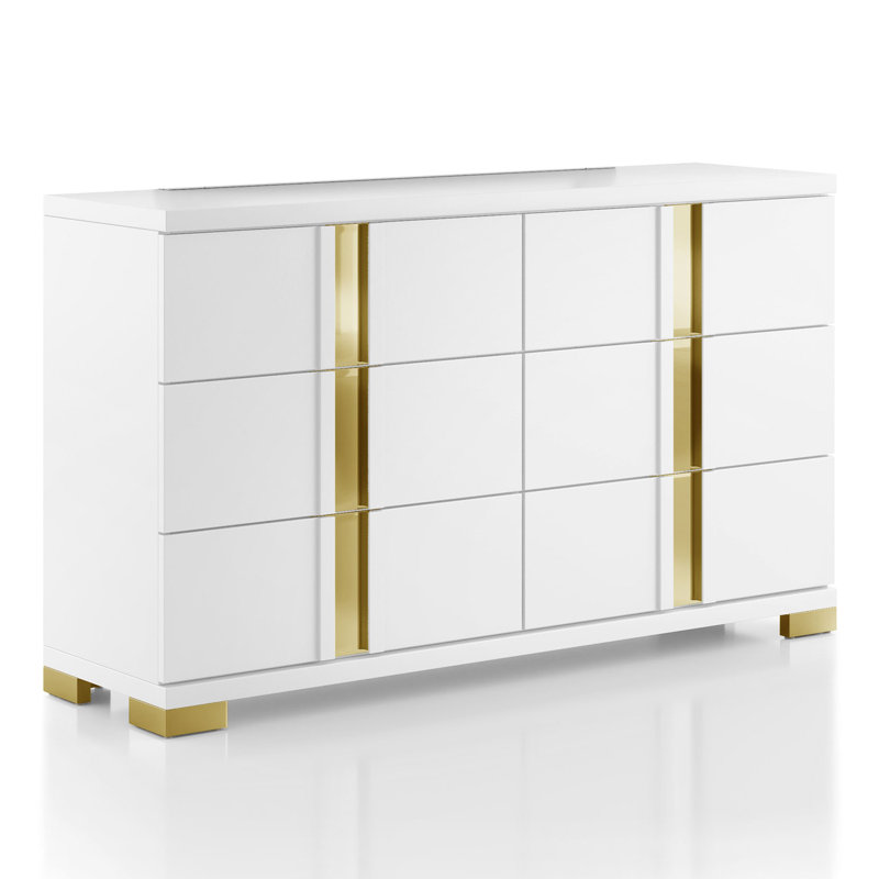 Commode 6 tiroirs Clemson Tereza, Blanc / Doré