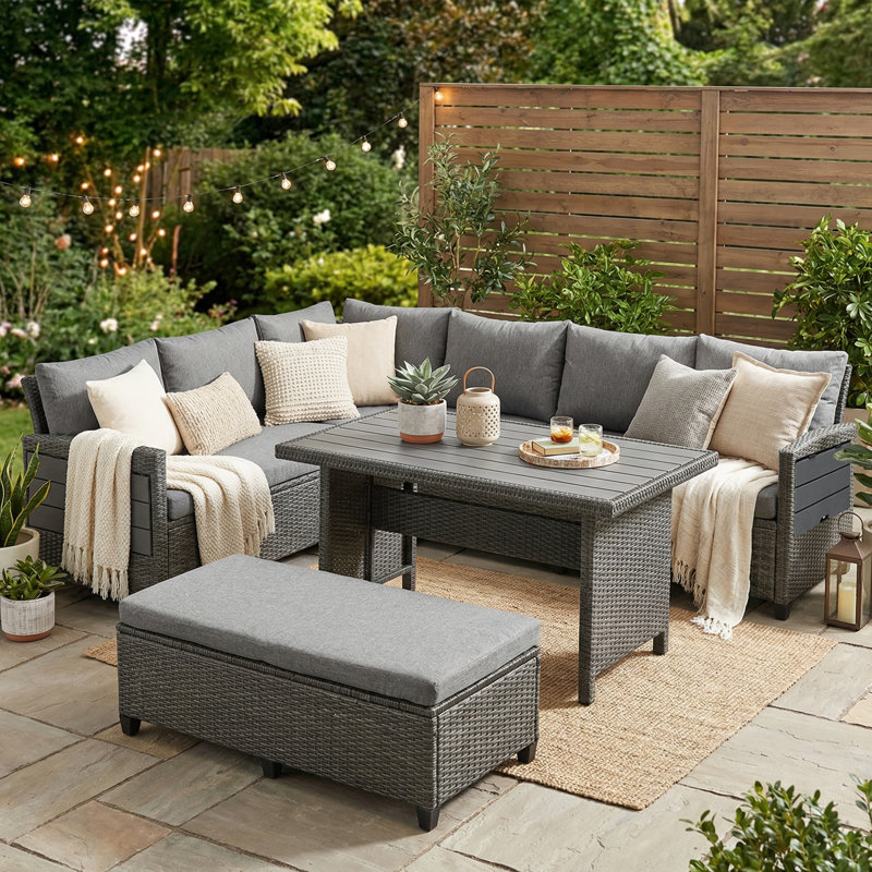 5-Piece Outdoor Patio Rattan Sofa Set, Sectional PE Wicker L-Shaped Garden Furniture Set with 2 Extendable Side Tables