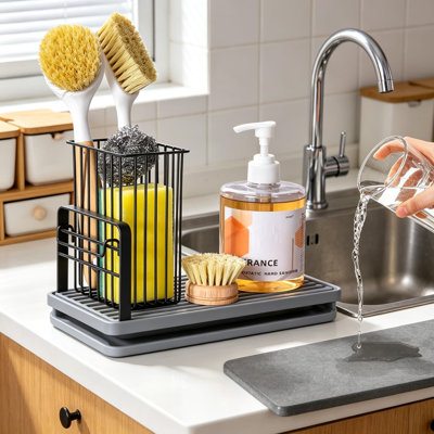 Kitchen Sink Caddy with Sponge Holder, Instant Drying Diatomaceous Earth Stone and Rustproof Stainless Steel Design, Includes High Brush Holder for Sponges and Scrubbers