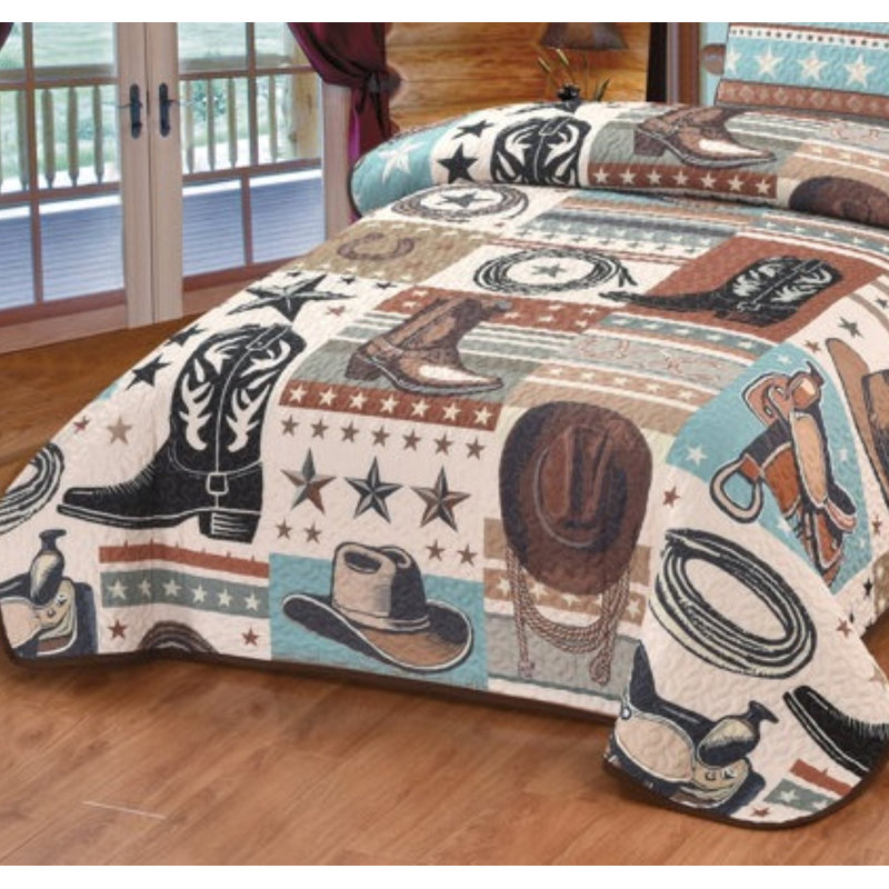 Western Charm Twin Quilt Set Cowboy Boot and Star Design with Sham