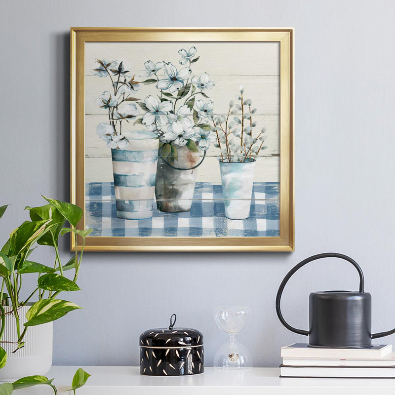 Gingham Blues - Peinture sur toile encadrée, Cadre doré, H 34,5 po x l 34,5 po x P 1,5 po