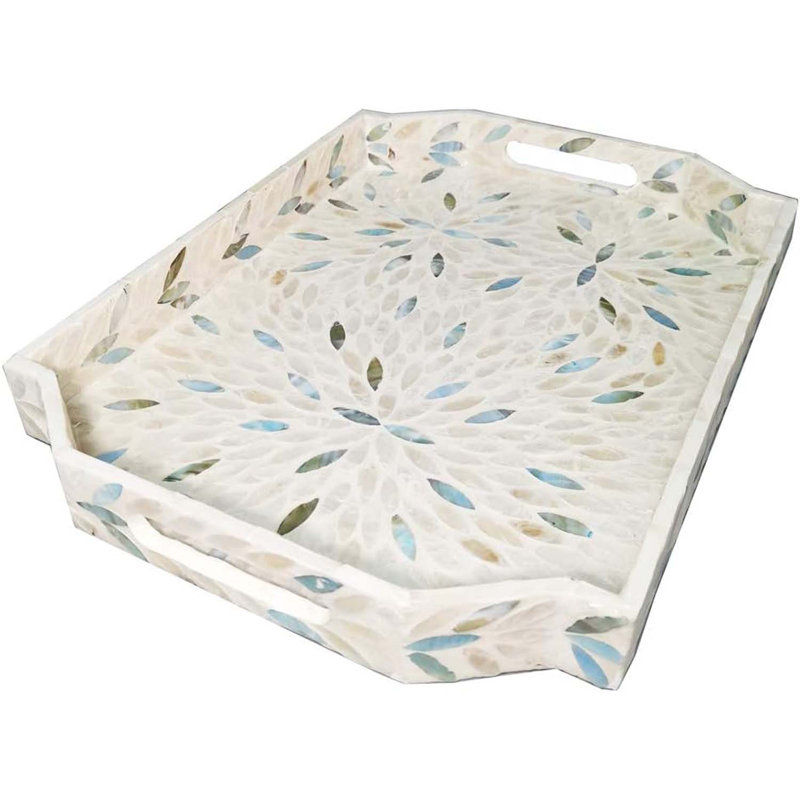 16 Inch Mother Of Pearl Tray Dodecagon, Large Lacquer Shell Tray With Handles And 2”Side, Decorative Shell Serving Tray Inlay Nacre Ottoman Tray For Coffee Table, Vanity Organizer, Breakfast