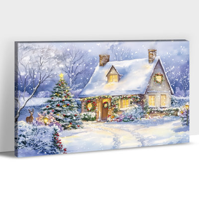 Large Abiella Holiday Cottage Scene - Winter Snow Landscape, reproduction d'art avec arbre, renne, décoration murale de ferme prête à être suspendue pour le salon, 32 po x 48 po