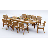 12 Seats 13 Pcs Grade-A Teak Wood Dining Set: 122" Caranas Double Extension Rectangle Table And 12 Arbor Stacking Arm Chairs #11AB2912