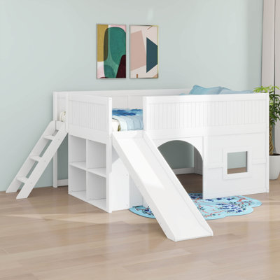 Lit mezzanine double pleine grandeur avec glissade et tablettes, cadre de lit mezzanine en bois à fonctions multiples avec tablettes de rangement, portes et fenêtres