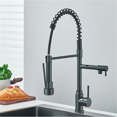 Modern Brass Kitchen Faucet With Pull Down Spray Spout, 360 Degree Rotating Single Handle Hot And Cold Mixer, Single Hole Faucet For Sink -  JUMMICO, C4611111