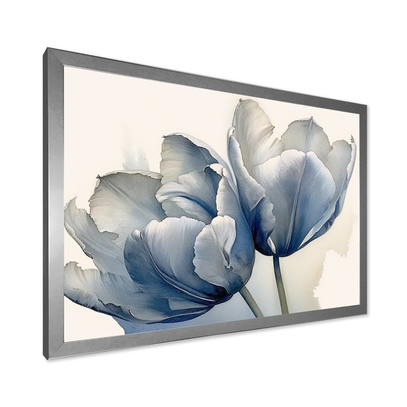 Tulipes, simplicité, saphir sur toile, H 34 po x l 44 po x P 1,5 po, Cadre simple argenté