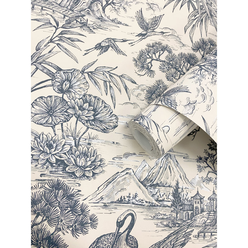 Papier peint non tissé Natori Crane, Crème / Bleu marine