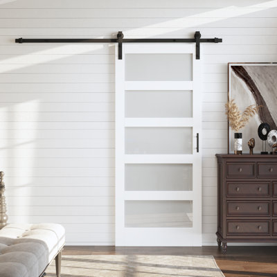 84'' Height, 5-Lites Glass, White Sliding Barn Door With Installation Hardware Kit & Soft Close