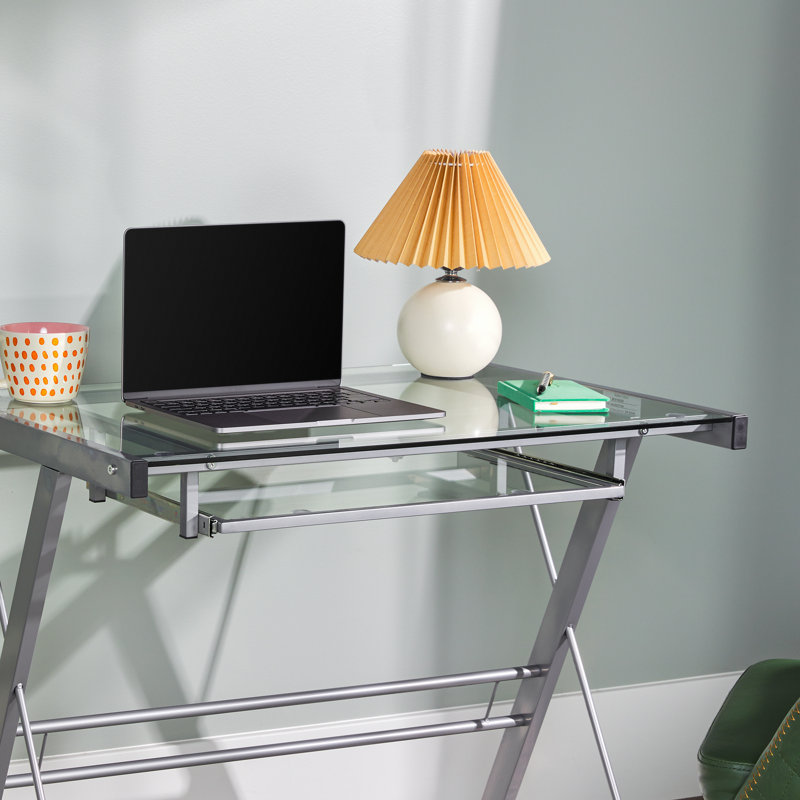 Bryanna Glass Top Metal Base Computer Desk, Silver