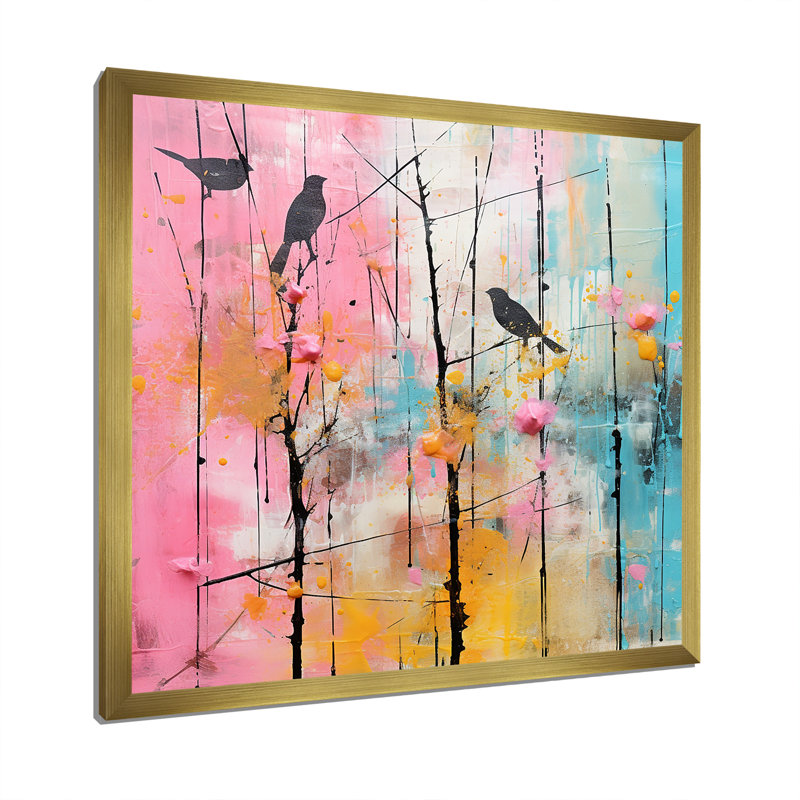 Bird On Spring Pink Palette - Bird Wall Art, Gold, 16" H x 16" W