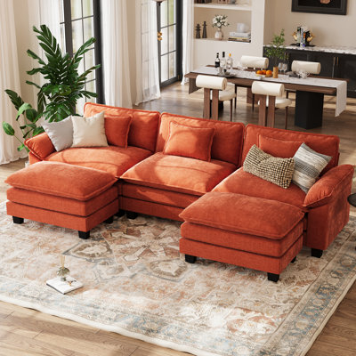 Brazell 120" W U-Shaped Modular Sectional Sofa, Cloud Couch With Two Ottomans & Removable Cushions