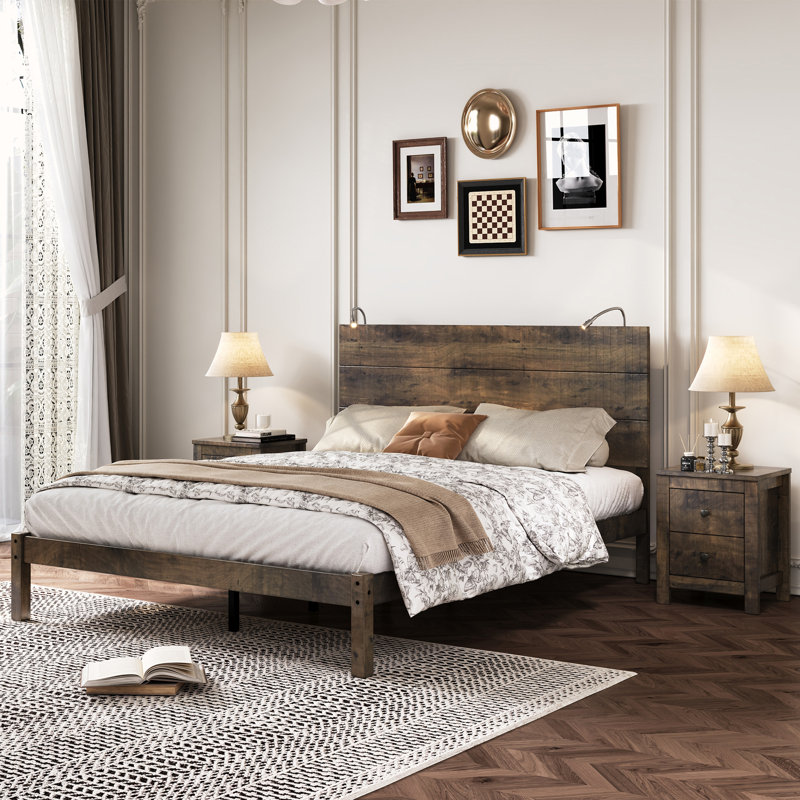 Ensemble de chambre à coucher 3 pièces, Grand lit, Noyer antique