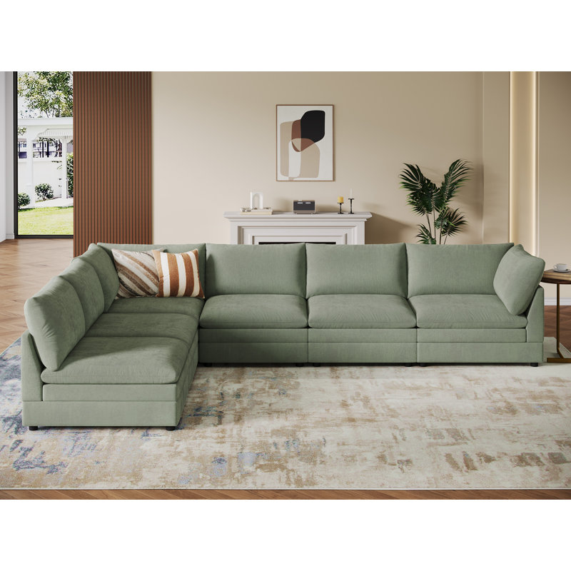 6-Piece Upholstered Modular Sectional Couch, L-Shaped Sofa, Green