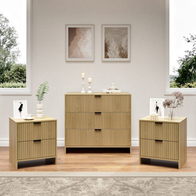 Fluted Dresser And Nightstand Sets, 3 Piece Bedroom Set, Modern Dresser & Chest Of Drawers With 3 Drawers, Set Of 2 Nightstands End Table, Natural Oak