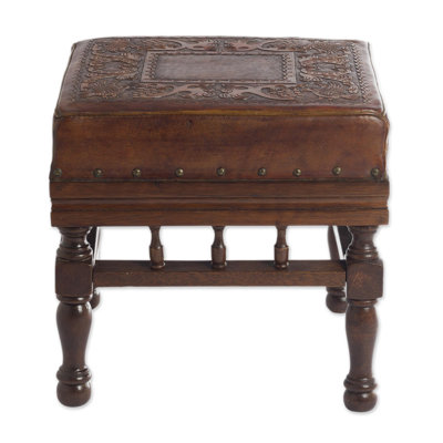 Markert Birds Among the Vines Wood and Leather Accent Stool by Bloomsbury Market
