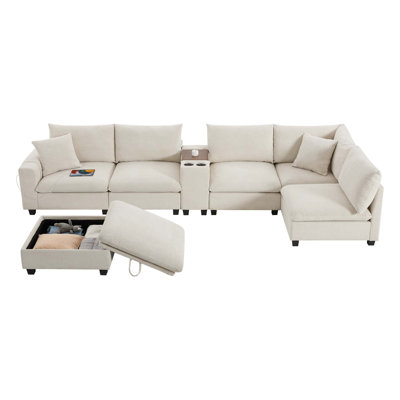 U-Shaped Modular Sectional Sofa with Storage Ottoman and USB Charging