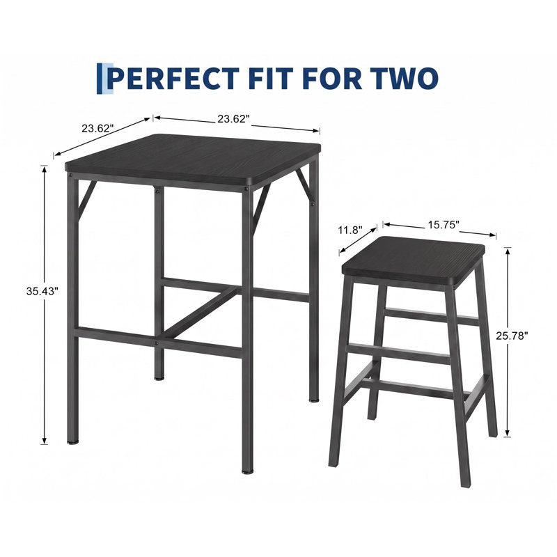 Ensemble de salle à manger 3 pièces à hauteur de pub pour 2 tables de bar carrées noires avec 2 tabourets, Noir