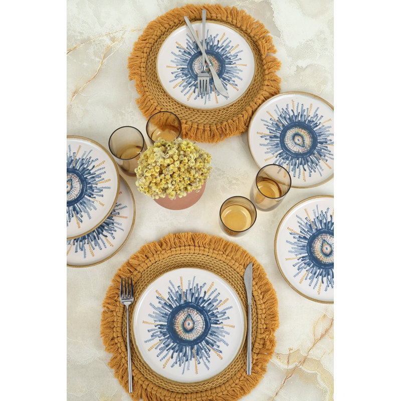 Elegant Dessert Plate Set (6 Pieces), 100% Ceramic Stoneware, 8.7 x 8.7 inches | Antibacterial, Easy-Clean, Eco-Friendly, Water-Resistant | Stylish White, Blue & Orange Design for Any Table Setting