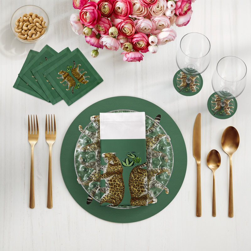 Leopard Seeing Double Evergreen Vegan Leather Round Coasters, Evergreen