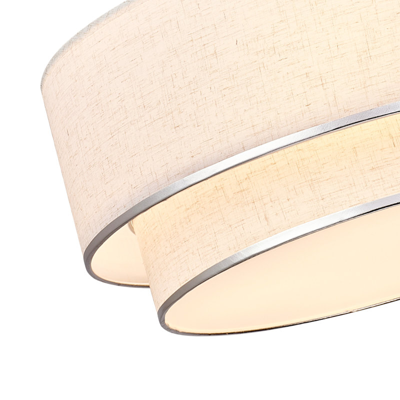 3-light 20" Semi Flush Mount With Fabric Double Drum Shade And Silver Trim