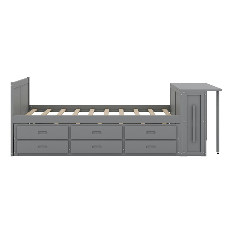 Lit plateforme avec bureau et tablette de rangement au bout du lit, lit gigogne intégré et 3 tiroirs, Grey