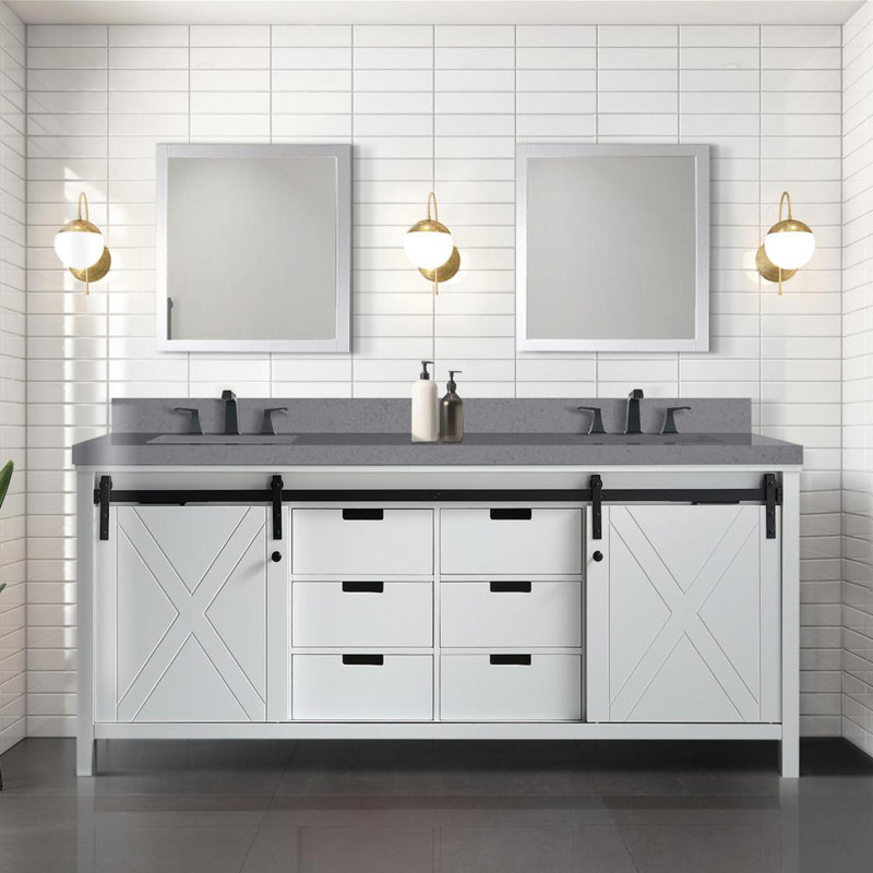 Meuble-lavabo double blanc 80 po X P 22 po P, comptoir en quartz gris et 30 po Miroirs, Blanc