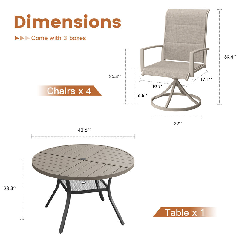 4-Person Patio Dining Set with Metal Round Dining Table and Padded Swivel Chairs, Brush Wood Gray/Sandshell