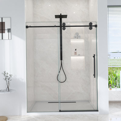 56"-60"W*72" H Frameless Single Sliding Shower Door – 5/16" (8Mm) Clear Tempered Glass, Bypass Design With Matte Black Finish