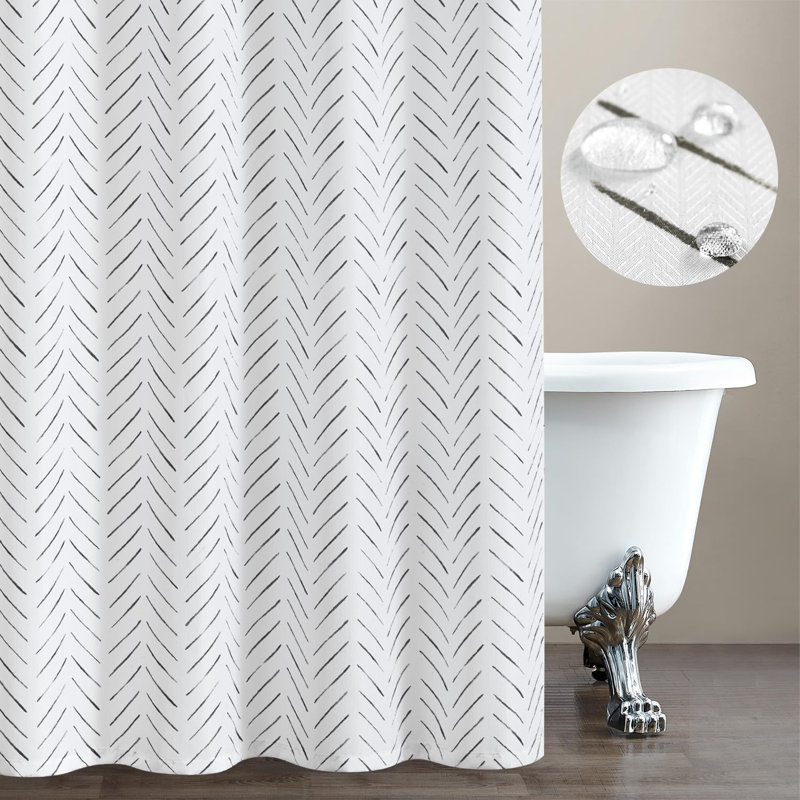 Black and White Chevron Fabric Shower Curtain with Hooks