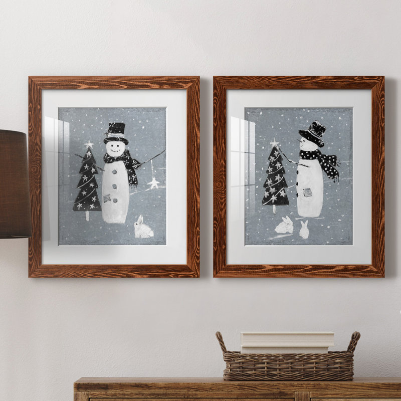 «Snowman Galvanized I», ensemble de 2 reproductions, H 20 po x l 17 po x P 1 po, Blanc, Papier avec cadre érable