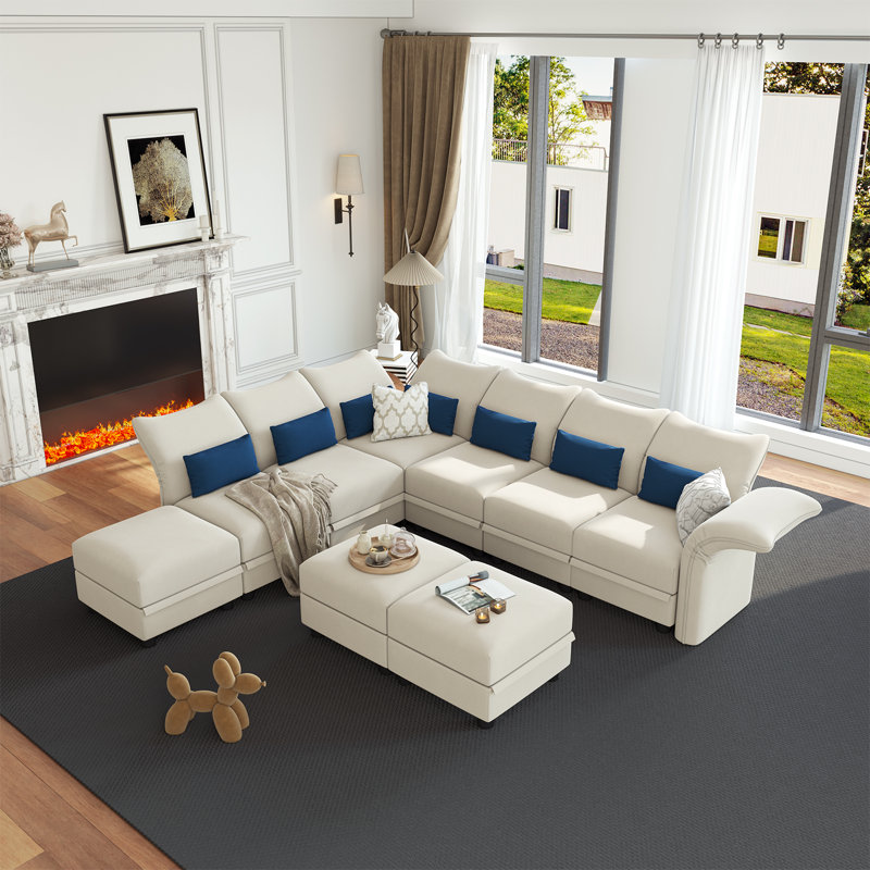 Ahren Velvet Reclining L-Shaped Sectional Reversible, Beige Velvet