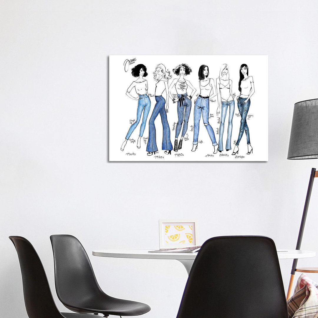 History Of Jeans Fashion Illustration von Blursbyai - No Frame Gallery-Wrapped Canvas Giclée on Canvas