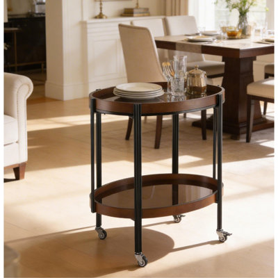 Noyer foncé ovale à 2 tablettes avec structure en métal noir et brun trempé, L 30,3 po x l 18,0 po x H 30,5 po, panneau de fibres à densité moyenne et fer, îlots et chariots de cuisine, noir, noyer foncé