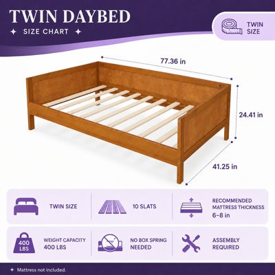 Lit de jour Arelvique en bois, format simple, avec cadre à trois côtés, canapé-lit plateforme en noyer clair, construction en pin, contreplaqué et MDF, 10 lattes de support de matelas, sommier non requis
