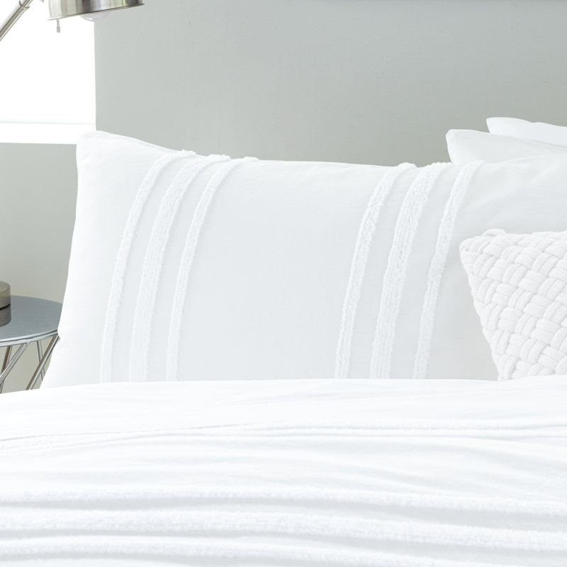 Chenille Stripe Cotton Comforter Set, Full/Queen Comforter + 2 Standard Shams, White