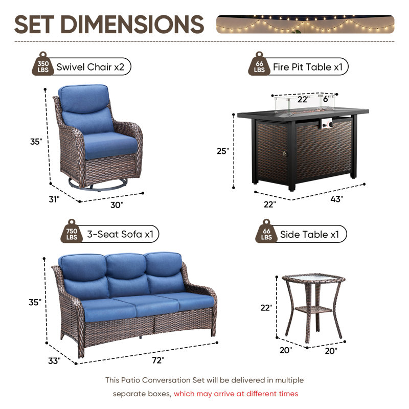Alvina 5-Piece All Weather Outdoor Wicker Patio Conversation Set With Rectangle Metal Fire Pit Table, Swivel Gliders And Side Table