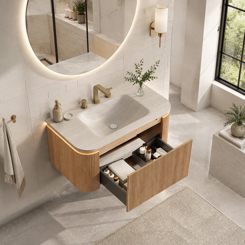 Meuble-lavabo mural de 91 cm (36 po) avec lavabo intégré, armoire incurvée cannelée avec éclairage à détecteur de mouvement pour salle de bain moderne