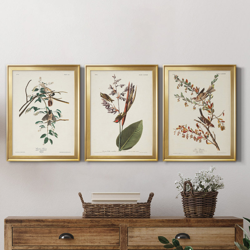 Pl. «160 Carolina Titmouse», ensemble de 3 impressions sur toile encadrées, H 22,5 po x l 91,5 po x P 1,5 po, Doré