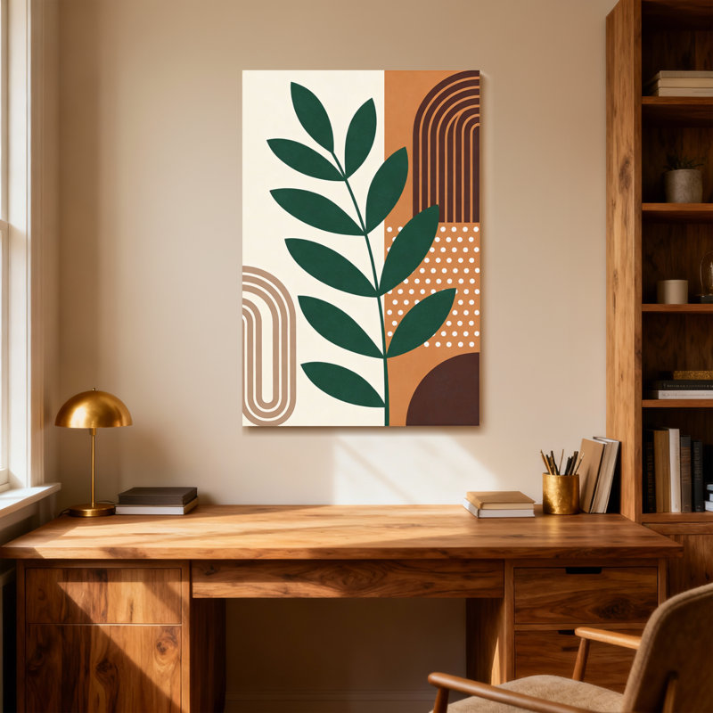 Motif de feuille abstrait avec des tons de terre et des formes géométriques, H 36 po x l 24 po