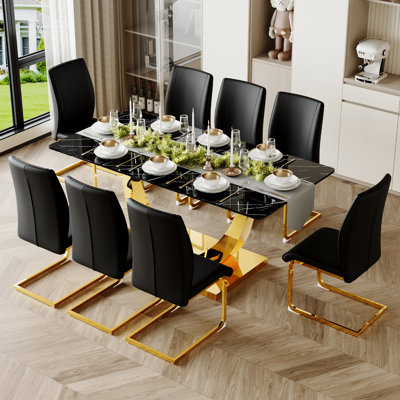 Ensemble de salle à manger de luxe moderne avec plateau en verre et chaises en similicuir, ensemble de table de salle à manger pour la cuisine ou la salle à manger
