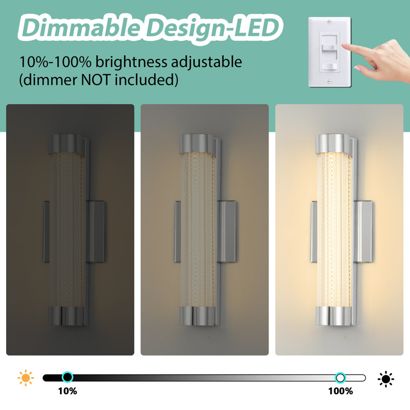 2-Pack Modern Chrome Cylinder Wall Sconces, Dimmable LED Wall Lights With Textured Glass Shade